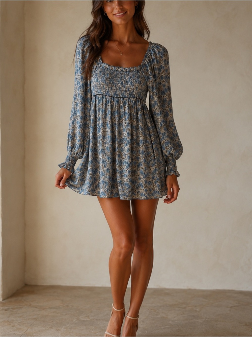 Solai Boho Blue Smocked Dress Midi Dress Women’s Size S